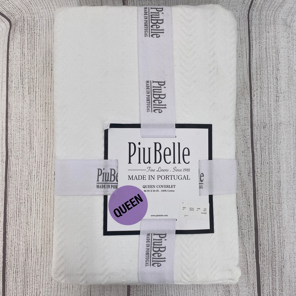 PiuBelle Coverlet Queen White 100% Cotton Herringbone Woven Made in Portugal